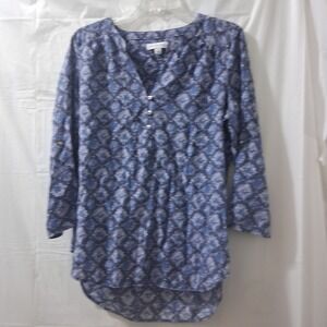 Kim Rogers Blue Paisley Print Roll Tab Sleeve V Neck Casual Blouse Top